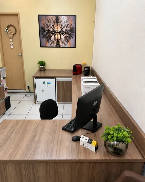 Vista ampla do escritório da Parceria: mesa de trabalho em madeira com computador, planta e quadro na parede